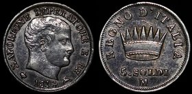 Italian States 5 Soldi 1814 M
Napoleon I; C# 5.1; Silver, 1.26g; Mint Milan