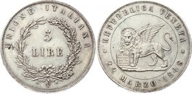 Italian States Lombardy-Venetia 5 Lire 1848 V - Venice RARE!
KM# 804; Mintage 11.000; "DIO BENEDITE"; Lion of St. Mark; XF