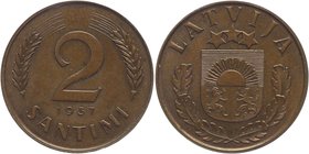 Latvia 2 Santimi 1937 Rare
KM# 11.1; Bronze 2,02g.; Key Date