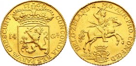 Netherlands Zeeland 14 Gulden 1760 Gouden rijder
KM# 97, Fr# 313; Gold (.917) 9.97g. AUNC. Rare in this grade.