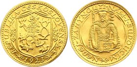 Czechoslovakia 1 Dukat 1923
KM# 8, Fr# 2; Gold (.986), 3.49g. Mintage 61861. UNC. Svatováclavský dukát.