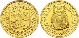 Czechoslovakia 1 Dukat 1926
KM# 8, Fr# 2; Gold (.986), 3.49g. Mintage 58669. UNC. Svatováclavský dukát.