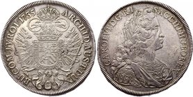 Holy Roman Empire Thaler 1735 Wien
Dav# 1037, Her# 312; Silver, 28.78g. Karl VI (1711-1740). AR RDR Taler 1735 Wien Mint. XF-AU, full mint luster and...