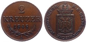 Austria 2 Kreuzer 1848 A - Wien
KM# 2188; Copper; Saturated Cabinet Patina; XF/aUNC