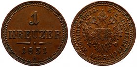 Austria 1 Kreuzer 1851 A - Wien
KM# 2185; Copper; Cabinet Patina; aUNC