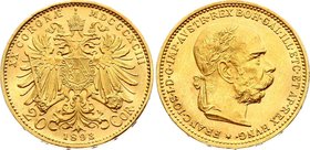 Austria 20 Corona 1893
KM# 2806; Franz Joseph I; Gold (.900) 6.78 g. UNC. Rare grade for this type!