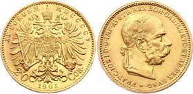 Austria 20 Corona 1905
KM# 2806; Gold (.900) 6.78g 21mm; Mintage 146,097; Franz Joseph I