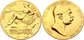 Austria 100 Corona 1908
KM# 2812; Gold (.900) 33.88g 37mm; Ex-Proof; Mintage 16.026; 60th Anniversary of the Reign of Franz Joseph I; XF