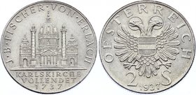Austria 2 Schilling 1937
KM# 2859; Silver; 200th Anniversary of the Completion of St. Karl Church; UNC