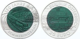 Austria 25 Euro 2004 Silver-Niobium
150th Anniversary of Semmering Alpine Railway; Bimetallic: niobium center in silver (.900) ring • 17.15 g • ⌀ 34 ...