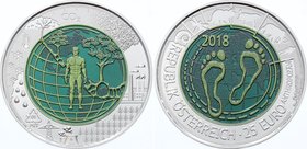 Austria 25 Euro 2018 Silver-Niobium
Anthropology; Bimetallic: niobium center in silver (.900) ring • 16.5 g • ⌀ 34 mm. With Box and COA