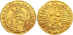 Hungary 1 Dukat 1659 KB - Kremnitz
Fr# 109; Kremnitz. Ferdinand III. Gold, 3.46g. AU-UNC - Rare in this grade!
