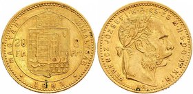 Hungary 20 Francs / 8 Forint 1883 KB - Kremnitz
KM# 467; Franz Joseph I, Kremnitz. Gold (.900) 6,45g. AUNC.