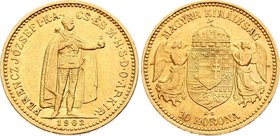 Hungary 10 Korona 1902 KB - Kremnitz
KM# 485; Franz Joseph I, Kremnitz. Gold (.900) 3,39g. Mintage 242732. UNC. Rare grade for this type!