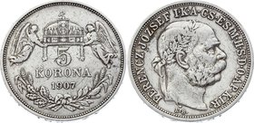 Hungary 5 Korona 1907 KB - Kremnitz
KM# 488; Silver; Franz Joseph I; VF+/XF-