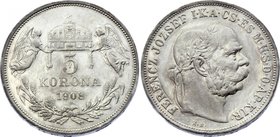 Hungary 5 Korona 1908 KB - Kremnitz
KM# 488; Silver; Franz Joseph I; Interesting Toning
