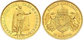 Hungary 10 Korona 1911 KB - Kremnitz
KM# 485; Franz Joseph I, Kremnitz. Gold (.900) 3,39g. Mintage 242732. UNC. Rare grade for this type!