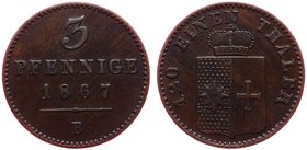 German States Waldeck - Pyrmont 3 Pfennig 1867 B
KM# 171.2; Copper; Mintage 420.000; XF