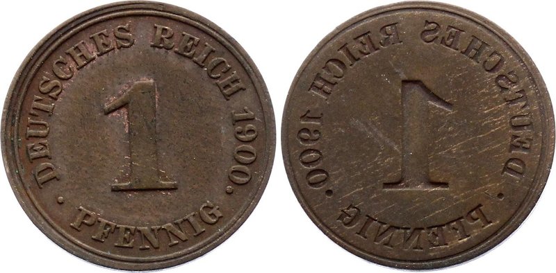 Germany - Empire 1 Pfennig 1900 INCUSE
Very rare error - coin is Incused! Hard ...