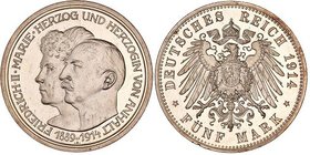 Germany - Empire Anhalt 5 Mark 1914 A GENI PR 64
KM# 31; Jaeger# 25; Silver; Friedrich II; Silver Wedding Anniversary