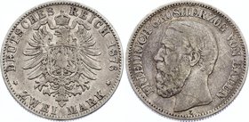 Germany - Empire Baden 2 Mark 1876 G
Jaeger# 26; Silver, Mintage 1740000; VF; Deutsches Kaiserreich Baden Baden 2 Mark 1876