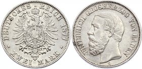 Germany - Empire Baden 2 Mark 1877 G
Jaeger# 26; Silver, Mintage 760000; VF+; Deutsches Kaiserreich Baden Baden 2 Mark 1877