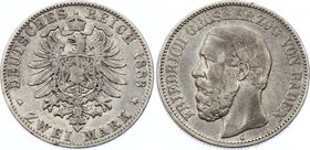 Germany - Empire Baden 2 Mark 1883 G
Jaeger# 26; Silver, Mintage 45000; VF; Deutsches Kaiserreich Baden Baden 2 Mark 1883