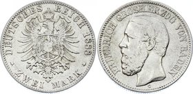 Germany - Empire Baden 2 Mark 1888 G
Jaeger# 26; Silver, Mintage 75000; VF-; Deutsches Kaiserreich Baden Baden 2 Mark 1888