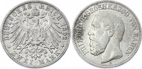 Germany - Empire Baden 2 Mark 1892 G
Jaeger# 28; Silver, Mintage 110000; VF; Deutsches Kaiserreich Baden Baden 2 Mark 1892