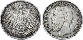 Germany - Empire Baden 2 Mark 1896 G
Jaeger# 28; Silver, Mintage 210000; VF; Deutsches Kaiserreich Baden Baden 2 Mark 1896