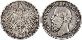 Germany - Empire Baden 2 Mark 1899 G
Jaeger# 28; Silver, Mintage 330000; VF+; Deutsches Kaiserreich Baden Baden 2 Mark 1899