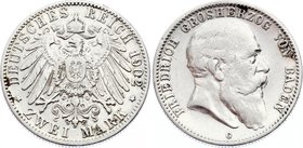 Germany - Empire Baden 2 Mark 1902 G Friedrich I Old Bust
Jaeger# 32; Silver, Mintage 200000; VF; Deutsches Kaiserreich Baden Baden 2 Mark 1902