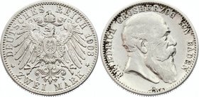Germany - Empire Baden 2 Mark 1903 G
Jaeger# 32; Silver, Mintage 490000; VF; Deutsches Kaiserreich Baden Baden 2 Mark 1903