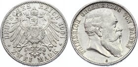 Germany - Empire Baden 2 Mark 1904 G
Jaeger# 32; Silver, Mintage 1120000; VF+; Deutsches Kaiserreich Baden Baden 2 Mark 1904