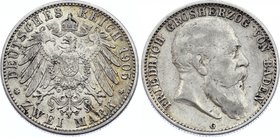 Germany - Empire Baden 2 Mark 1905 G
Jaeger# 32; Silver, Mintage 610000; VF+; Deutsches Kaiserreich Baden Baden 2 Mark 1905