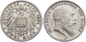 Germany - Empire Baden 2 Mark 1906 G
Jaeger# 32; Silver, Mintage 110000; VF+; Deutsches Kaiserreich Baden Baden 2 Mark 1906