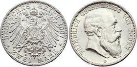 Germany - Empire Baden 2 Mark 1907 G
Jaeger# 32; Silver, Mintage 910000; UNC; Deutsches Kaiserreich Baden Baden 2 Mark 1907