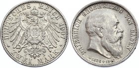 Germany - Empire Baden 2 Mark 1907 G Death of Friedrich I
Jaeger# 36; Silver, Mintage 350000; XF-AU; Deutsches Kaiserreich Baden Baden 2 Mark 1907