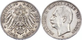 Germany - Empire Baden 3 Mark 1908 G
Jaeger# 39; Silver, Mintage 300000; XF-; Deutsches Kaiserreich Baden Baden 3 Mark 1908