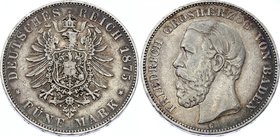 Germany - Empire Baden 5 Mark 1875 G
Jaeger# 27; Silver, Mintage 310000; VF-XF; Deutsches Kaiserreich Baden Baden 5 Mark 1875