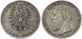 Germany - Empire Baden 5 Mark 1876 G
Jaeger# 27; Silver, Mintage 470000; VF; Deutsches Kaiserreich Baden Baden 5 Mark 1876