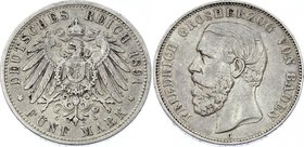 Germany - Empire Baden 5 Mark 1891 G
Jaeger# 29; Silver, Mintage 43000; VF+; Deutsches Kaiserreich Baden Baden 5 Mark 1891
