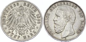 Germany - Empire Baden 5 Mark 1893 G
Jaeger# 29; Silver, Mintage 43000; VF-XF; Deutsches Kaiserreich Baden Baden 5 Mark 1893