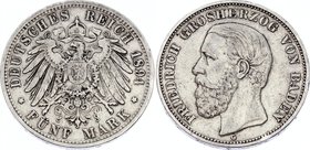 Germany - Empire Baden 5 Mark 1894 G
Jaeger# 29; Silver, Mintage 61000; VF+; Deutsches Kaiserreich Baden Baden 5 Mark 1894
