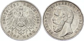 Germany - Empire Baden 5 Mark 1895 G
Jaeger# 29; Silver, Mintage 73000; VF+; Deutsches Kaiserreich Baden Baden 5 Mark 1895