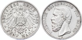 Germany - Empire Baden 5 Mark 1898 G
Jaeger# 29; Silver, Mintage 130000; XF-; Deutsches Kaiserreich Baden Baden 5 Mark 1898