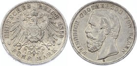 Germany - Empire Baden 5 Mark 1899 G
Jaeger# 29; Silver, Mintage 61000; VF; Deutsches Kaiserreich Baden Baden 5 Mark 1899