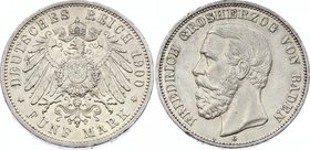 Germany - Empire Baden 5 Mark 1900 G
Jaeger# 29; Silver, Mintage 130000; XF-; Deutsches Kaiserreich Baden Baden 5 Mark 1900