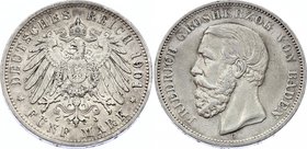 Germany - Empire Baden 5 Mark 1901 G
Jaeger# 29; Silver, Mintage 130000; VF; Deutsches Kaiserreich Baden Baden 5 Mark 1901