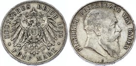Germany - Empire Baden 5 Mark 1902 G Friedrich I Old Bust
Jaeger# 33; Silver, Mintage 130000; VF; Deutsches Kaiserreich Baden Baden 5 Mark 1902